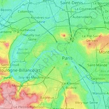 Paris topographic map, elevation, terrain