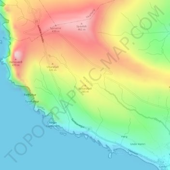 Eystarafjall topographic map, elevation, terrain