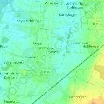 Levesen topographic map, elevation, terrain