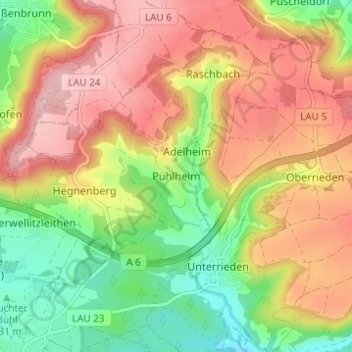 Pühlheim topographic map, elevation, terrain