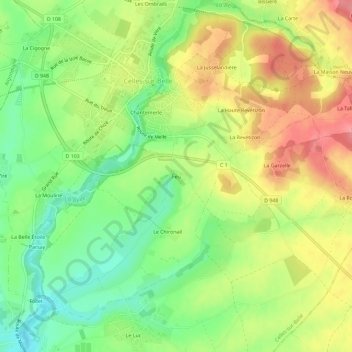 Feu topographic map, elevation, terrain