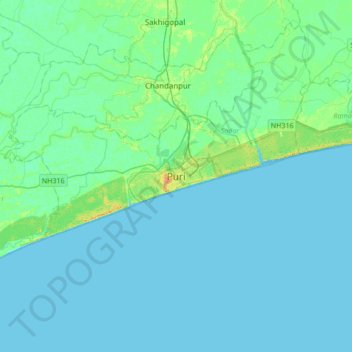 Puri topographic map, elevation, terrain