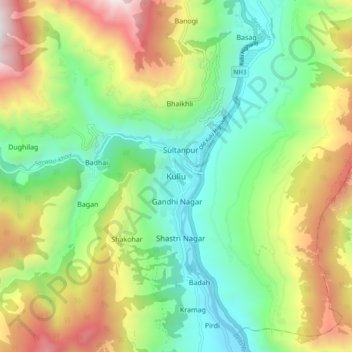 Kullu topographic map, elevation, terrain