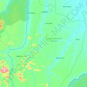 Upper Demerara-Berbice Region topographic map, elevation, terrain