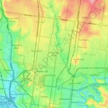 Brunswick East topographic map, elevation, terrain