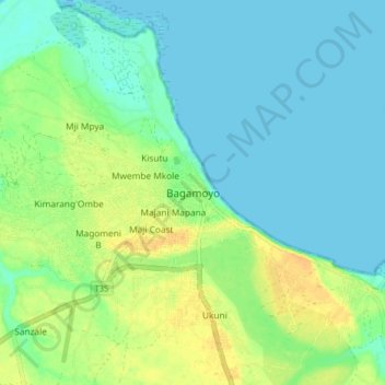 Bagamoyo topographic map, elevation, terrain