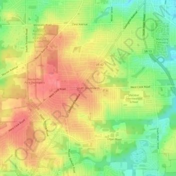 South Boulevards topographic map, elevation, terrain
