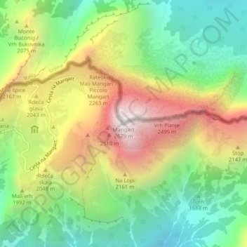 Mangart topographic map, elevation, terrain