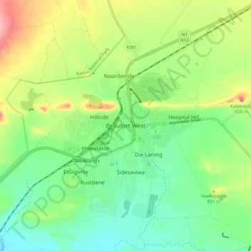 Beaufort West topographic map, elevation, terrain