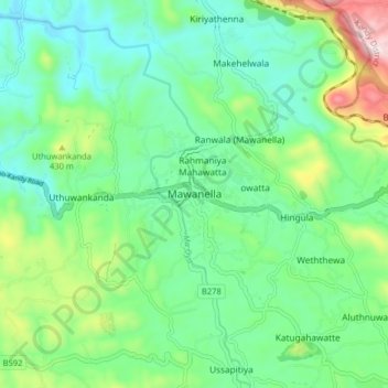 Mawanella topographic map, elevation, terrain