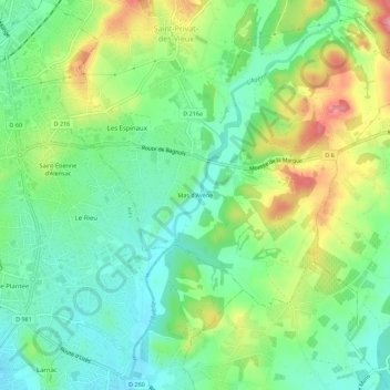 Mas d'Avène topographic map, elevation, terrain