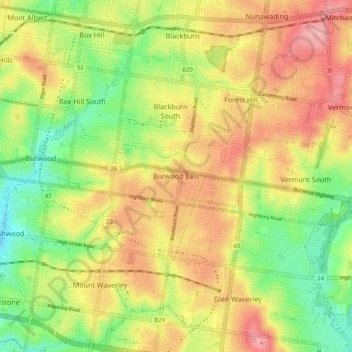 Burwood East topographic map, elevation, terrain
