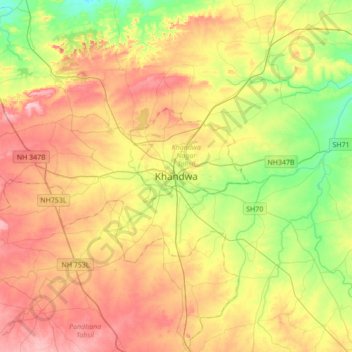 Khandwa topographic map, elevation, terrain
