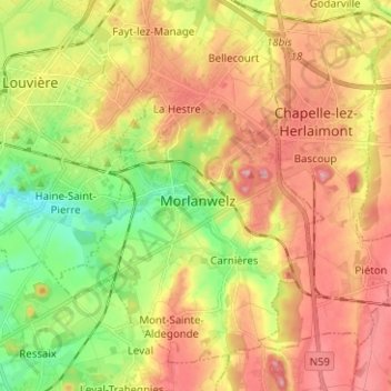 Morlanwelz-Mariemont topographic map, elevation, terrain