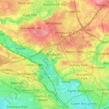 Prestwich topographic map, elevation, terrain