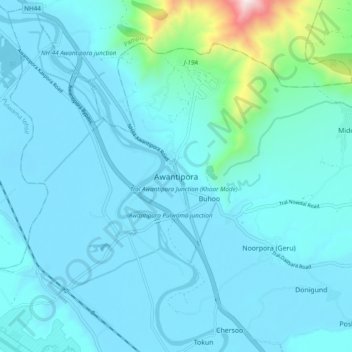 Awantipora topographic map, elevation, terrain