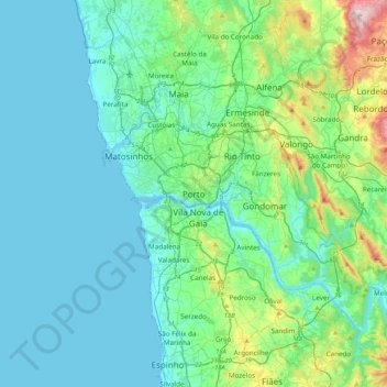 Oporto topographic map, elevation, terrain