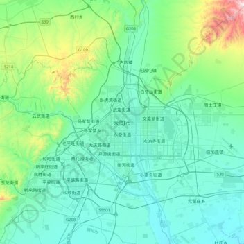 Pingcheng District topographic map, elevation, terrain