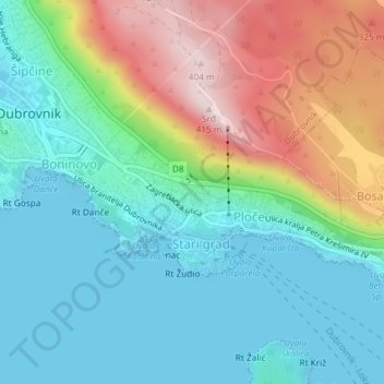 Old Town and Lokrum Viewpoint topographic map, elevation, terrain