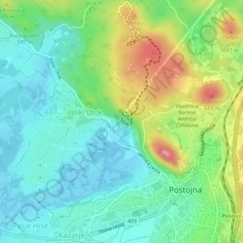 Postojna Cave topographic map, elevation, terrain