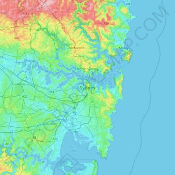Sydney topographic map, elevation, terrain