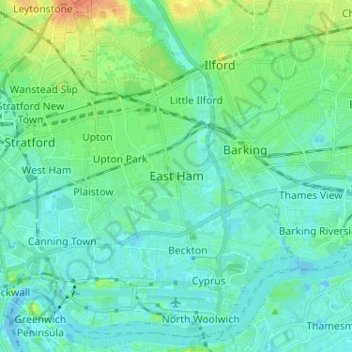 East Ham topographic map, elevation, terrain