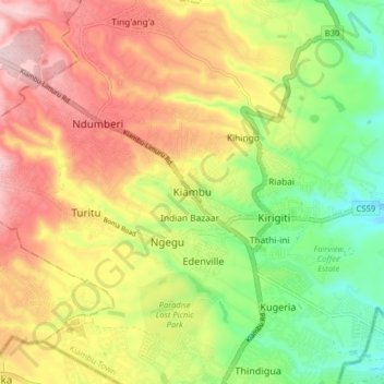 Kiambu topographic map, elevation, terrain
