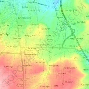 Tingkir Tengah topographic map, elevation, terrain