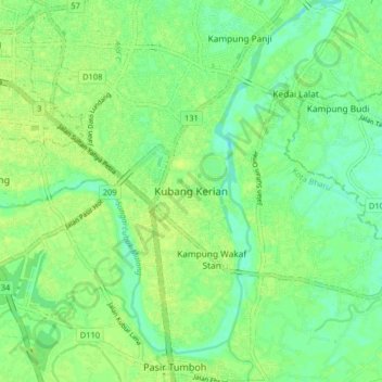 Kubang Kerian topographic map, elevation, terrain