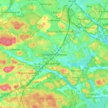 Sjödalen-Fullersta topographic map, elevation, terrain