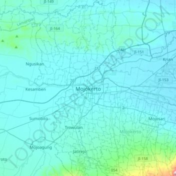 Mojokerto topographic map, elevation, terrain