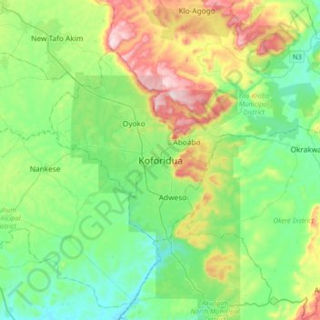 Koforidua topographic map, elevation, terrain