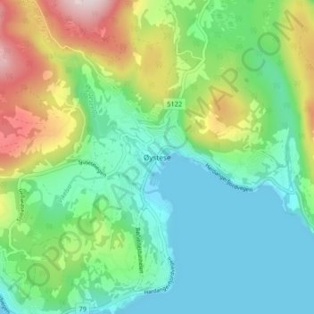 Øystese topographic map, elevation, terrain