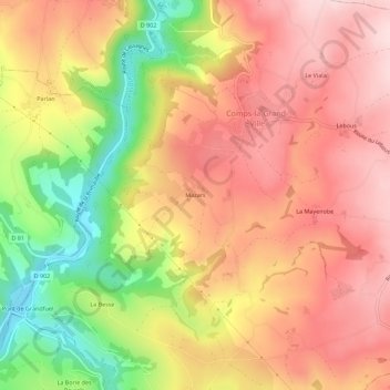 Mazars topographic map, elevation, terrain