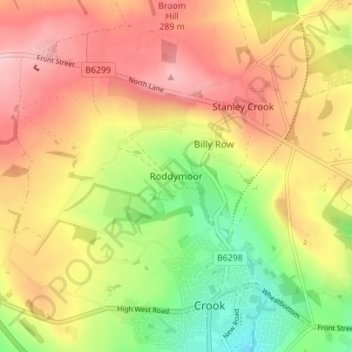Roddymoor topographic map, elevation, terrain