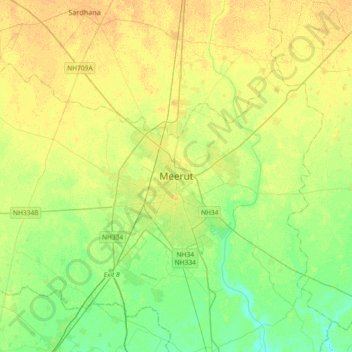 Meerut topographic map, elevation, terrain
