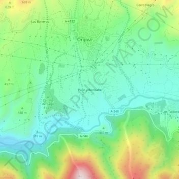 Pago y Benisalte topographic map, elevation, terrain