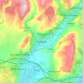 Clydach topographic map, elevation, terrain