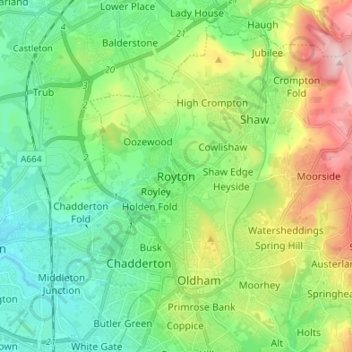 Royton topographic map, elevation, terrain