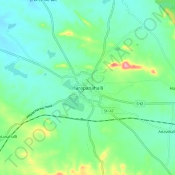 Harapanahalli topographic map, elevation, terrain