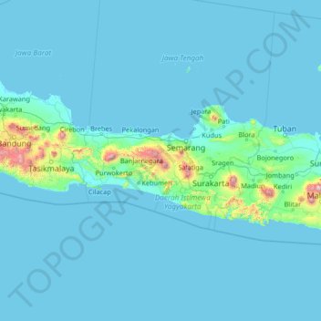 Java central topographic map, elevation, terrain