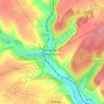 Marseille-en-Beauvaisis topographic map, elevation, terrain