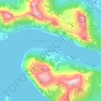 Gryllefjorden topographic map, elevation, terrain