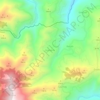 Güneyköy topographic map, elevation, terrain