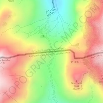Splügen Pass topographic map, elevation, terrain
