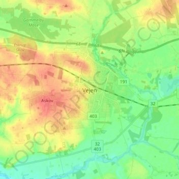 Vejen topographic map, elevation, terrain