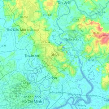 Dĩ An topographic map, elevation, terrain