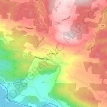Brøttum topographic map, elevation, terrain