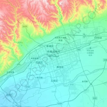 Hohhot topographic map, elevation, terrain
