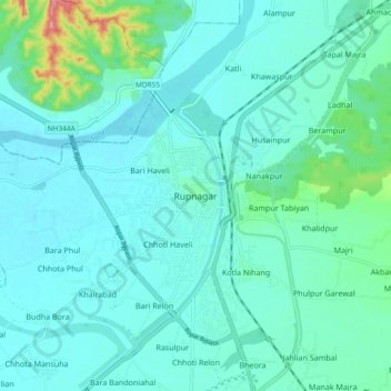 Rupnagar topographic map, elevation, terrain
